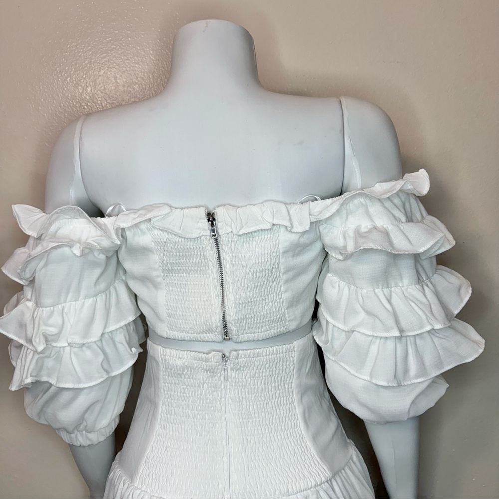 White off the shoulder ruffle crop top high waisted wide leg pants set - Picture 6 of 8
